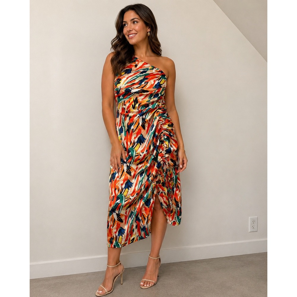 Bella Barnett Womens One Shoulder Ruched Abstract Print Midi Dress XL Multicolor